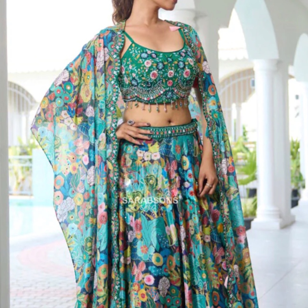 NWT Green Tropical Printed Indo-Western Crop Top Lehenga Cape Set